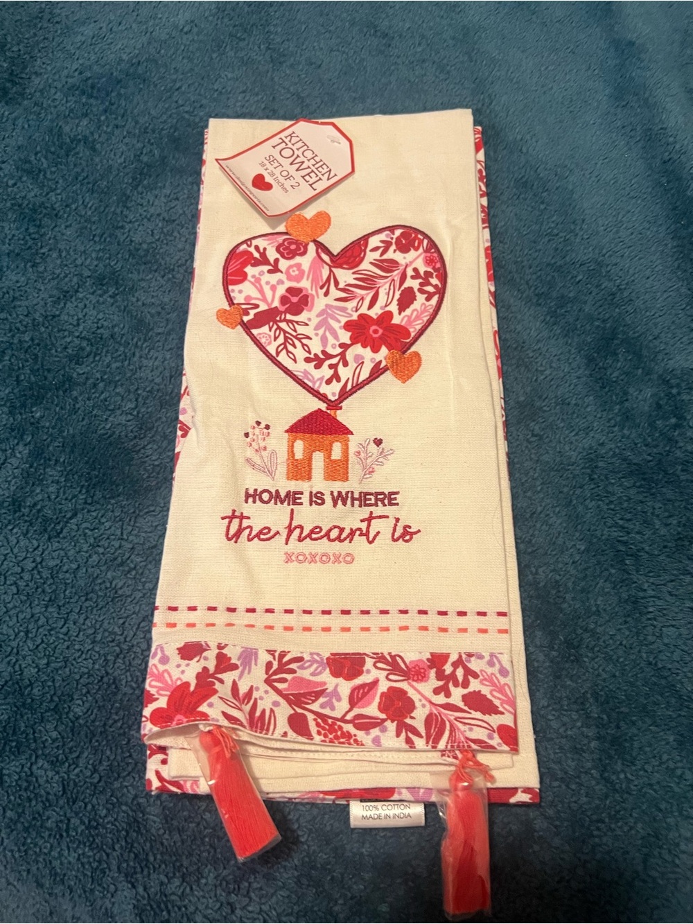 Home Is Where The Heart Is Kitchen Towel - Cream with Pink & Red Heart Motif